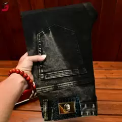 High-end black men's jeans for autumn and winter, slim fit, washed, distressed, vintage, stretchy, casual, trendy long pants