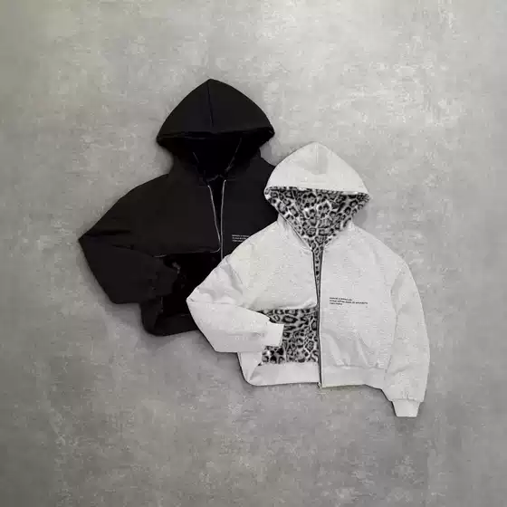 2025 European and American New Autumn and Winter New Hooded Sweatshirt Reversible Retro Leopard Print Zipper Hoodie Loose Top