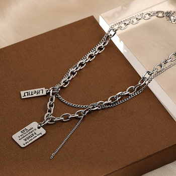 Double Layer Stacked Letter Square Brand Necklace Men's Trendy Cool Hip Hop Clavicle Chain Women's Retro Elegant Sweater Chain Titanium Steel Necklace