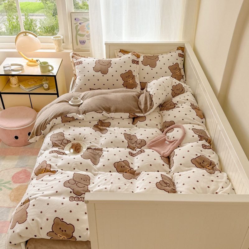 Ins Style Milk Velvet Winter Four-piece Set Student Dormitory Faleel Velvet Bed Three-piece Set Quilt Cover Cartoon Bear Bed Sheet
