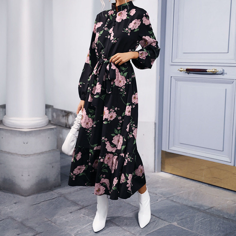 Printed Long Sleeve Maxi Dress High Neck Fashionable Design Autumn Winter Style Wholesale Available