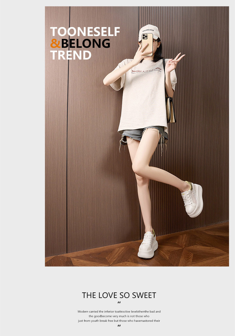 Giày sneaker nữ chunky đế dày màu trắng, phối dây buộc, form thể thao — Hũ trắng vàng, Bột trắng chi tiết 12
