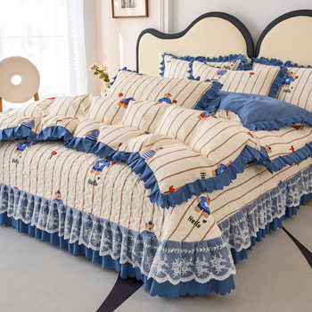 High-End Three-Piece Bed Cover Set, Four-Piece Set, Non-Slip Bed Bed Sheets, Quilted Thickeneded Bed Skirt, Lace Four-Season Lace, Korean Style Bed Cover