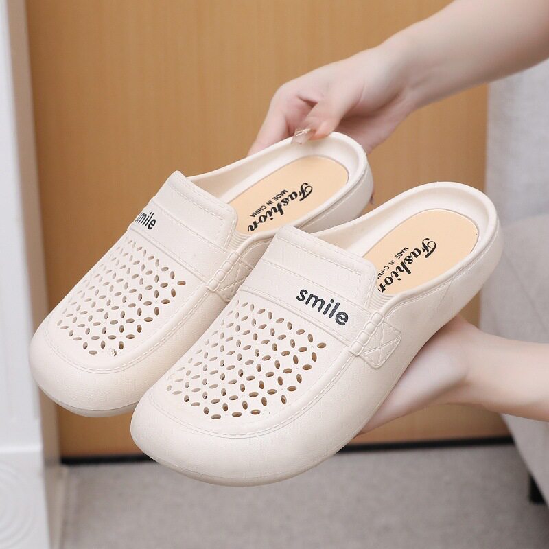 New Flat Non-Slip Middle-Aged Mom Closed-Toe Slippers, Faux Leather Mid-Heel Clogs for Women