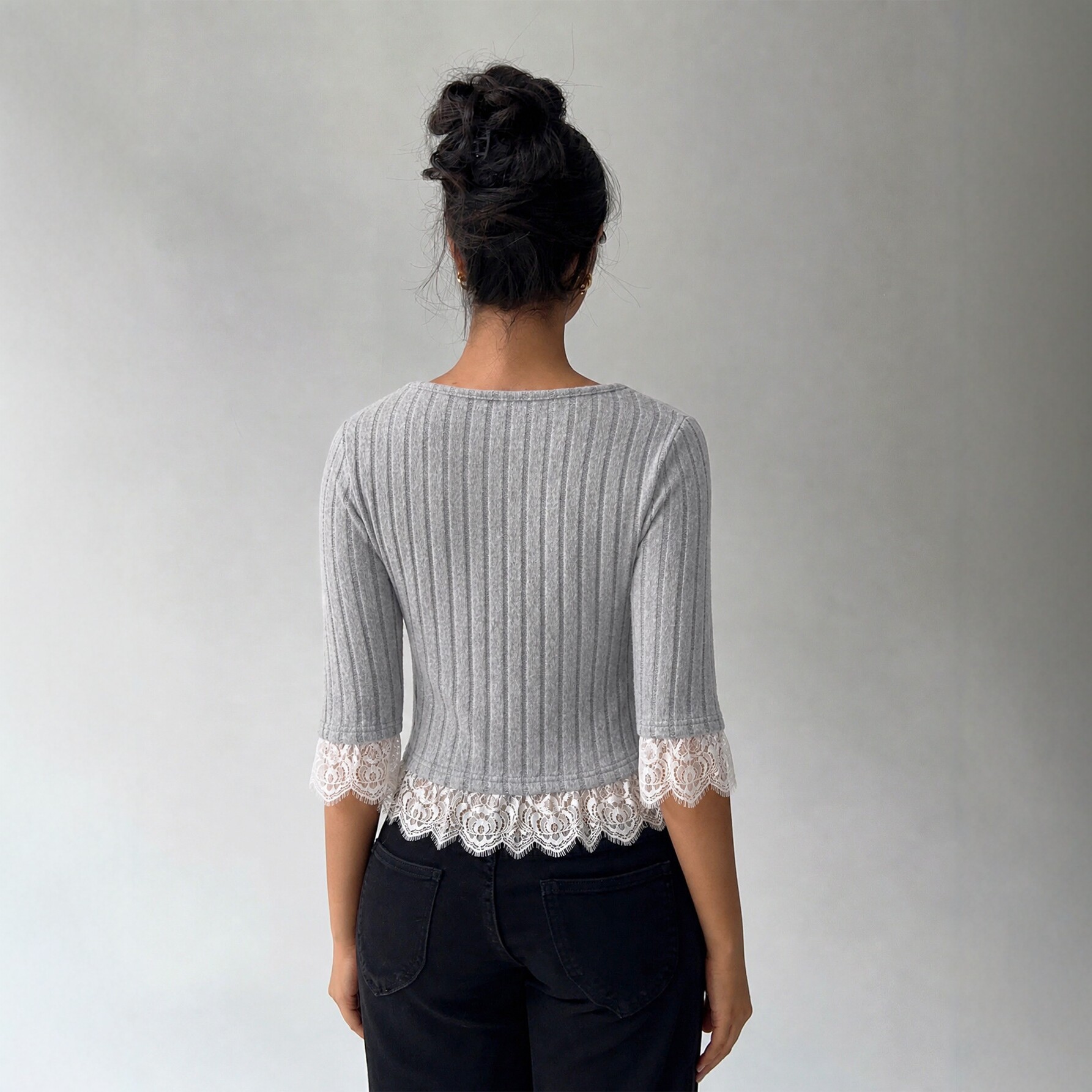 Gray Knit Top for Women Lace Panel Slim Fit Versatile Style Perfect for Casual Wear or Layering Wholesale Available