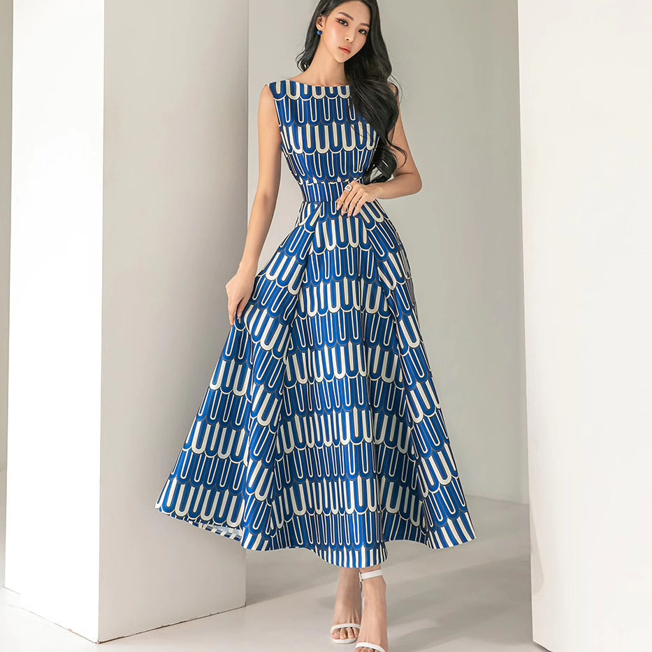 Đầm maxi nữ thắt eo in họa tiết hình học cổ tròn không tay — Màu như ảnh chi tiết 5