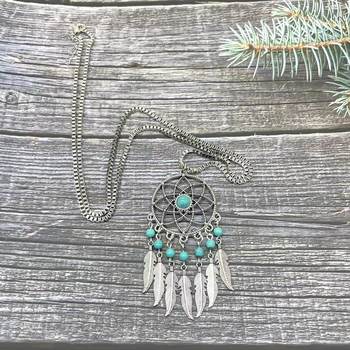 European and American cross-border jewelry fashion dream catcher necklace turquoise round bead alloy feather tassel necklace factory direct