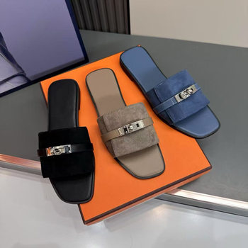 European High-End New Genuine Leather Square-Toe Kelly Metal Buckle H-Brand Men's Flat Versatile Beach Slippers