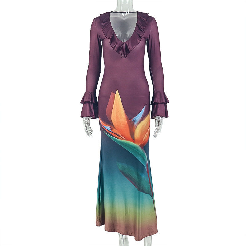 Elegant Womens Color Block Maxi Dress Slim Fit V Neck Versatile Casual Style Perfect for Parties and Events
