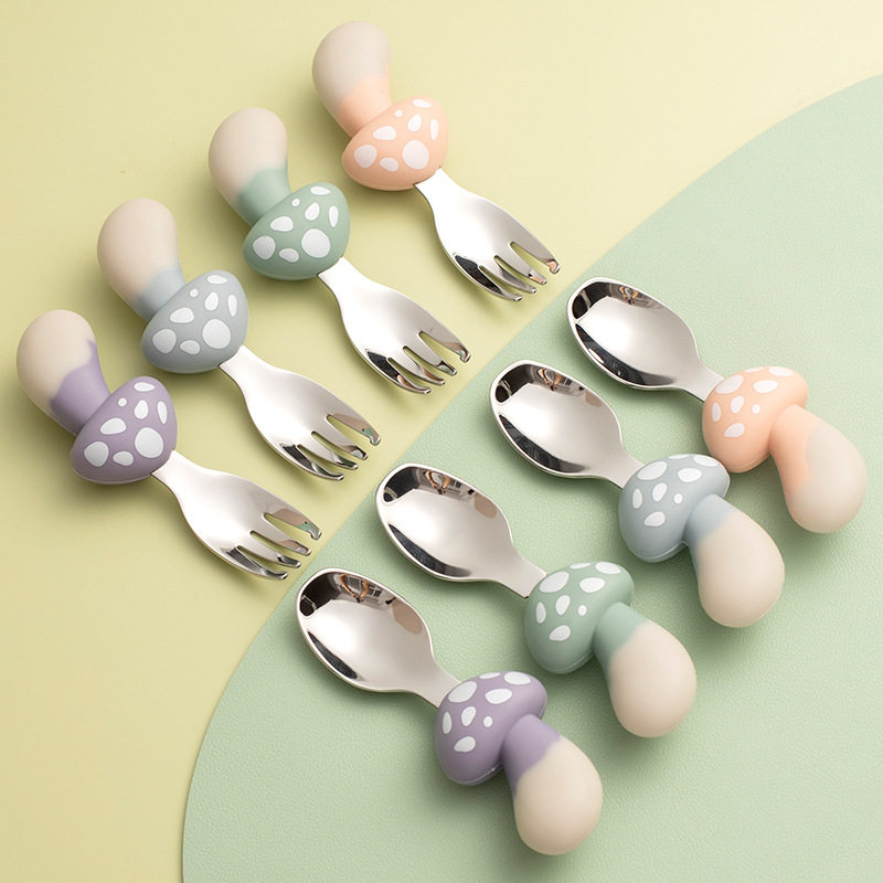 Baby Silicone Spoon Baby Food Tableware Creative Mushroom Children's 304 Stainless Steel Spoon Fork Gift Box Set