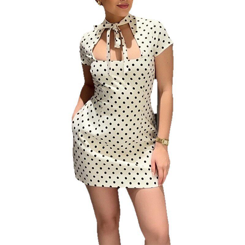 Summer Womens Dress Polka Dot Tie Waist French Style Vacation Casual Wear Wholesale Available
