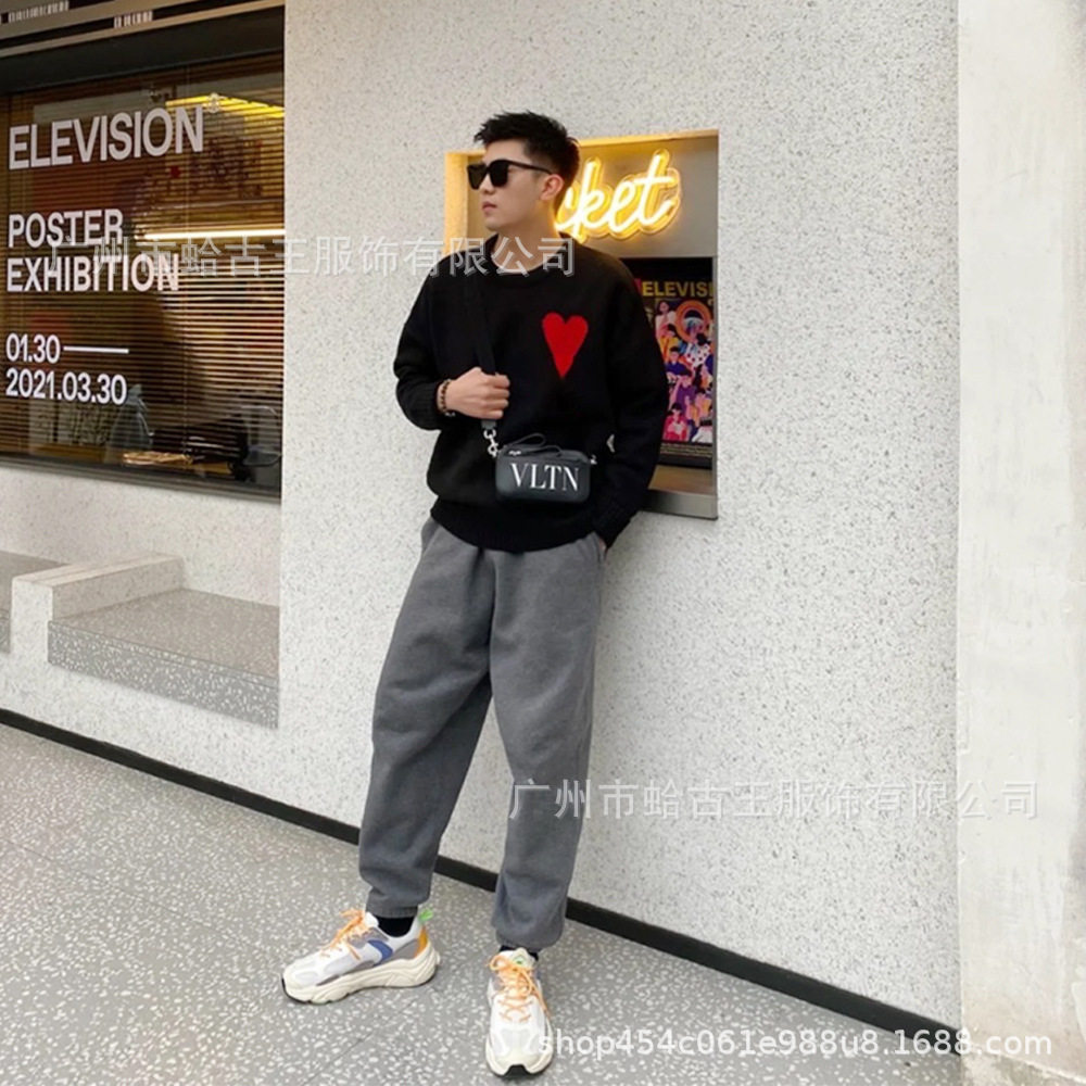 秋冬新款高领爱心毛衣男女条纹青年桃心跨境外贸休闲套头针织衫