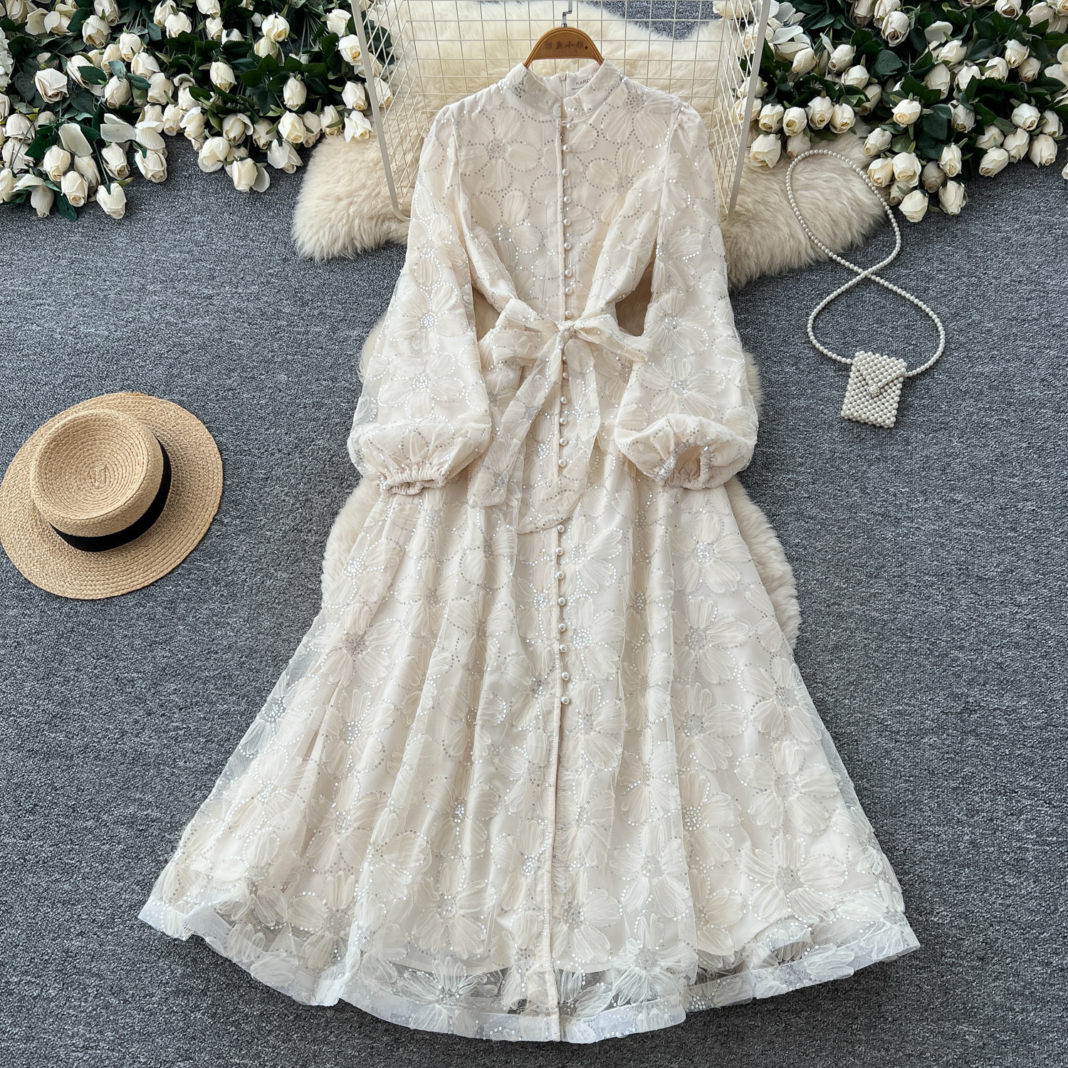 French Romantic Style Lace Dress Stand Collar Lantern Sleeves A Line Silhouette Waist Defining Elegant Evening Wear