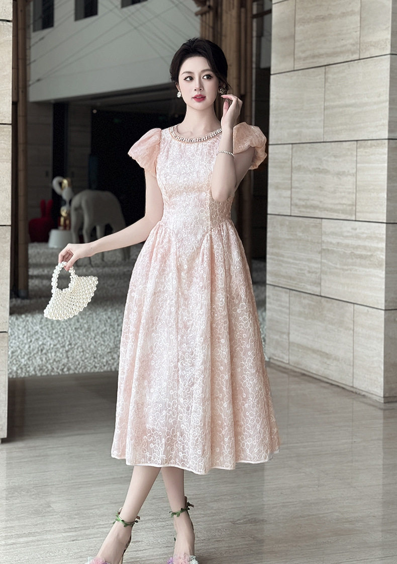 Đầm ren maxi nữ tay phồng eo cao dáng chữ A — [Hồng], [Mơ] chi tiết 15
