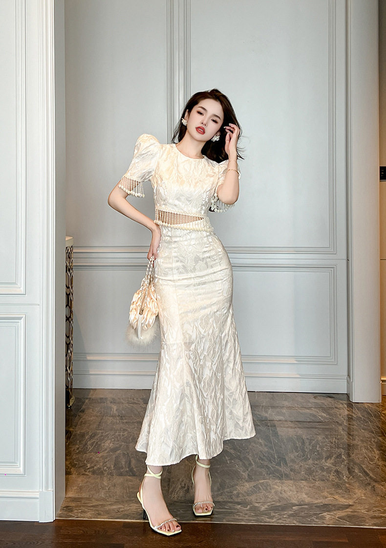 Đầm ôm body nữ cổ tròn tay bồng đuôi cá — [Màu hồng đào] chi tiết 12