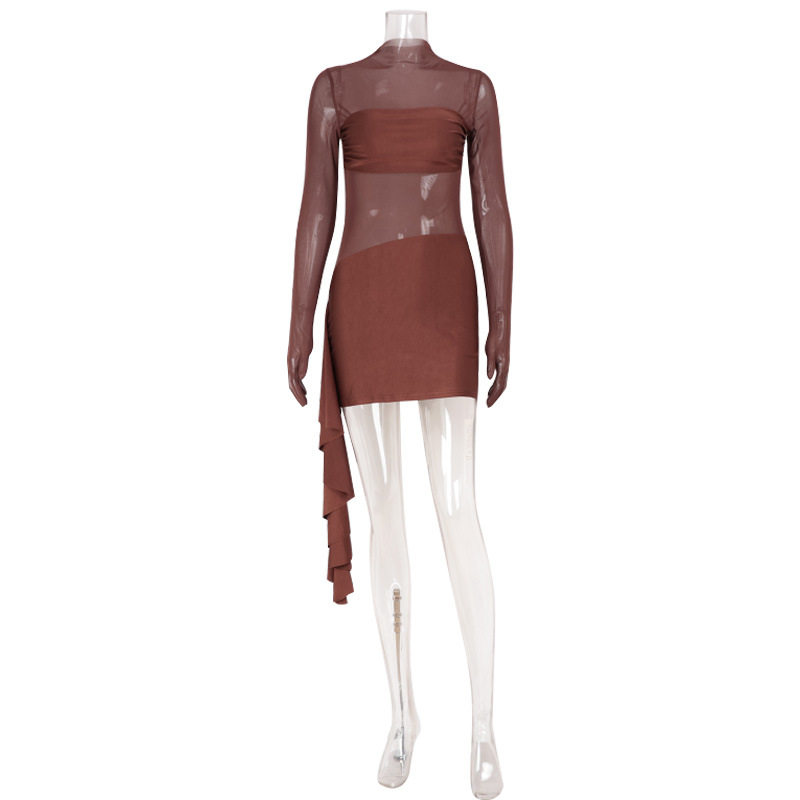 Womens Sexy Sheer Mesh Patchwork Hollowed Ruched Long Sleeve Dress Elegant Fit Round Neck Trendy Design Perfect for