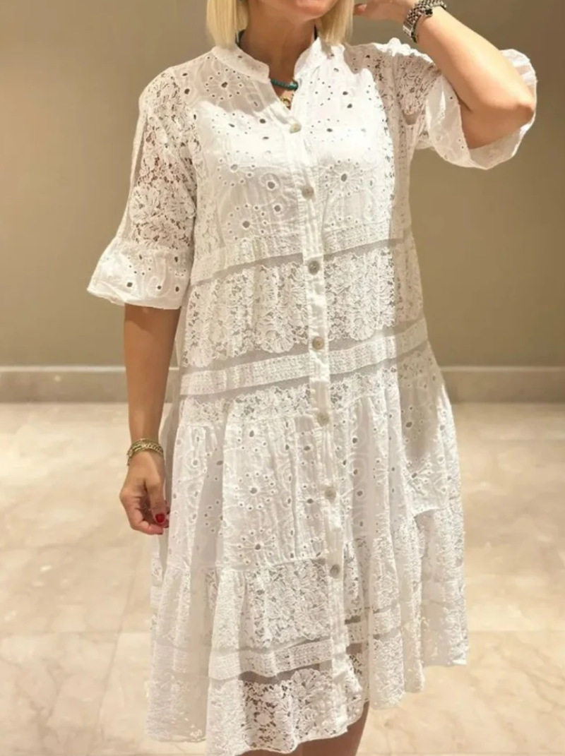 Summer Womens Dress Solid Color V Neck Button Detail Lace Insert Casual or Party Wear Wholesale Available