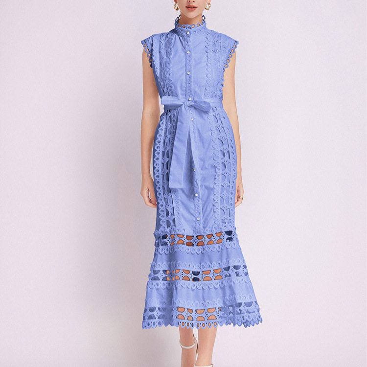 French Lace A Line Dress Hollow Out Ruffled Hem Waist Tie Elegant Style Summer Occasion Wholesale Available