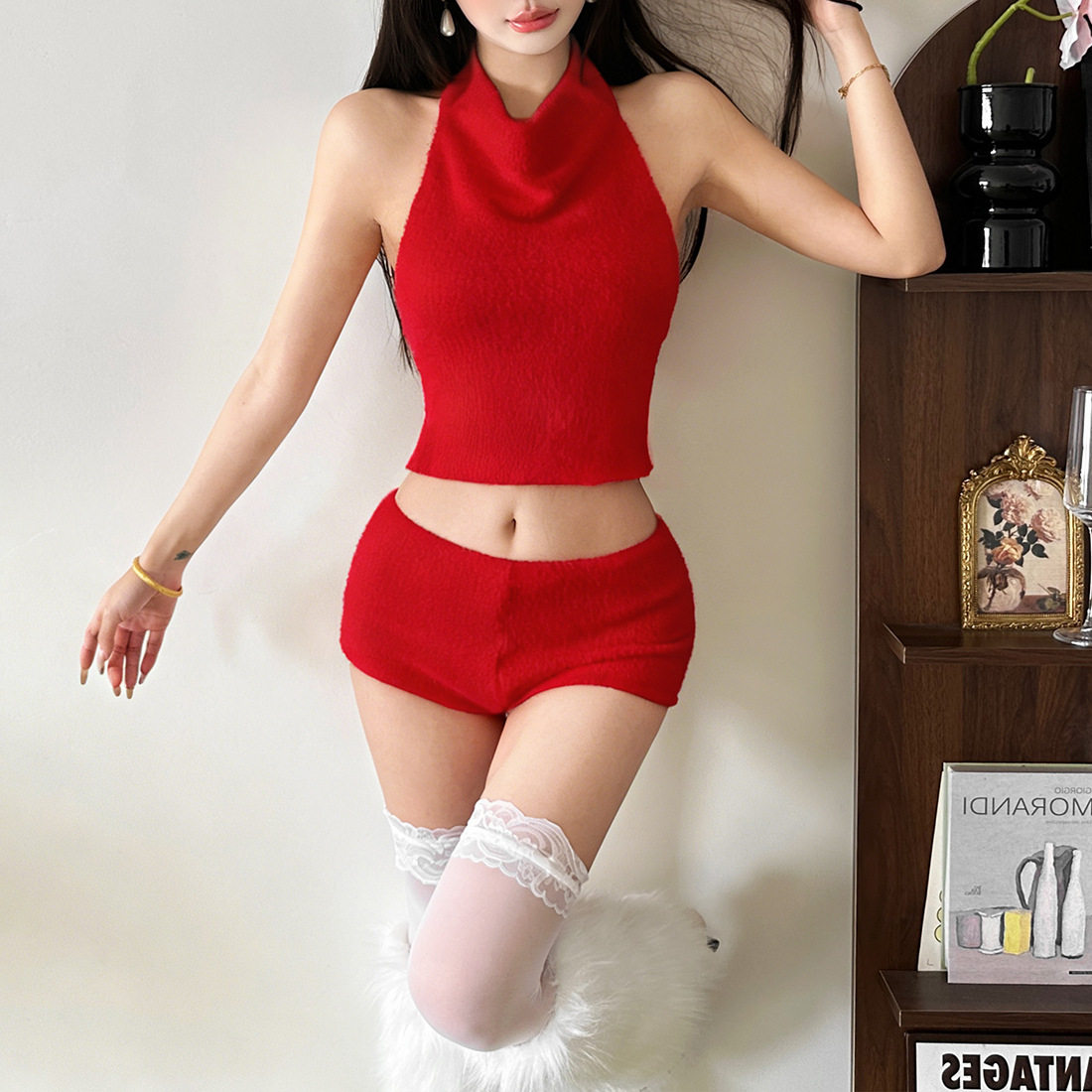 Cross-Border European and American Style 2025 Winter New Women's Halterneck Waistless Sleeveless Top High-Waisted Slim Shorts Two-Piece Set