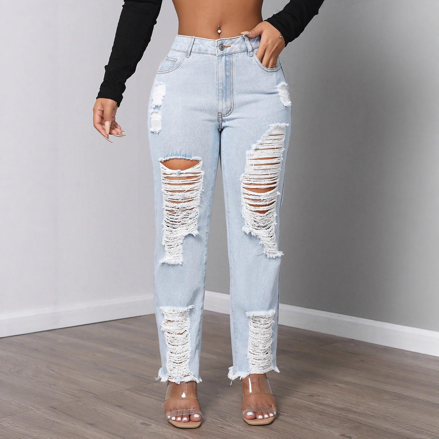 Womens Mid Rise Fashionable Ripped Denim Jeans Casual Style Comfortable Fit Versatile Wear Wholesale Available