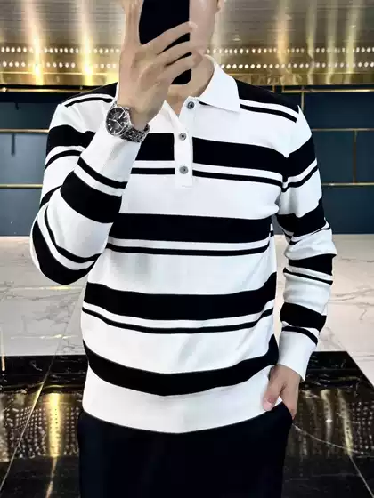 Harajuku Embroidered Color-Block Striped Polo Shirt Long-Sleeve T-Shirt Men's Ins Trendy Simple Artistic New Model Factory Direct Sale