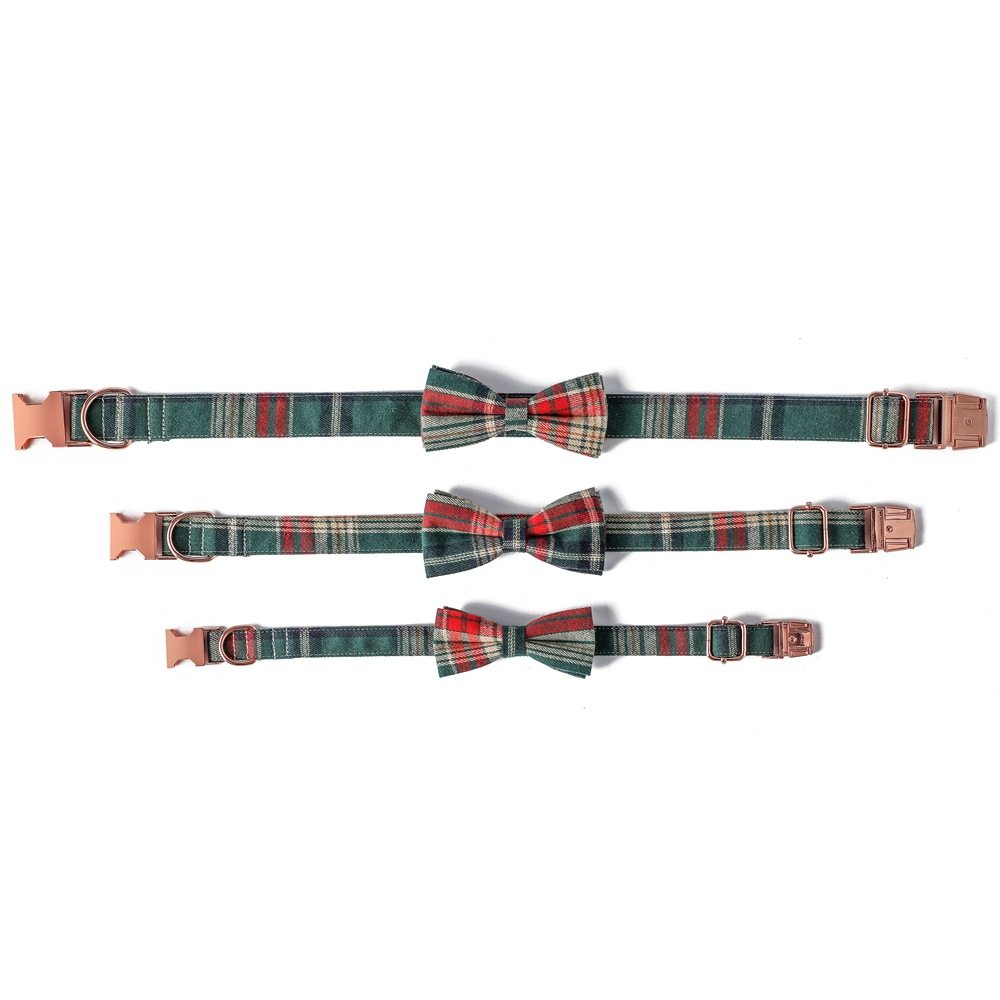 Manufacturer Wholesale Cross-Border Hot Selling Pet Collar British Style Christmas Plaid Rose Gold Buckle Collar Bow