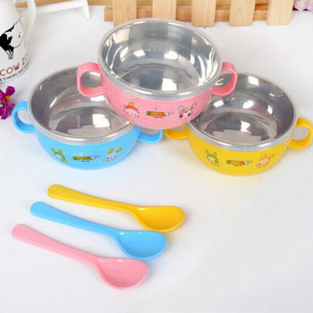 Children with handle with lid stainless steel bowl baby eating cartoon bowl multicolor 8817