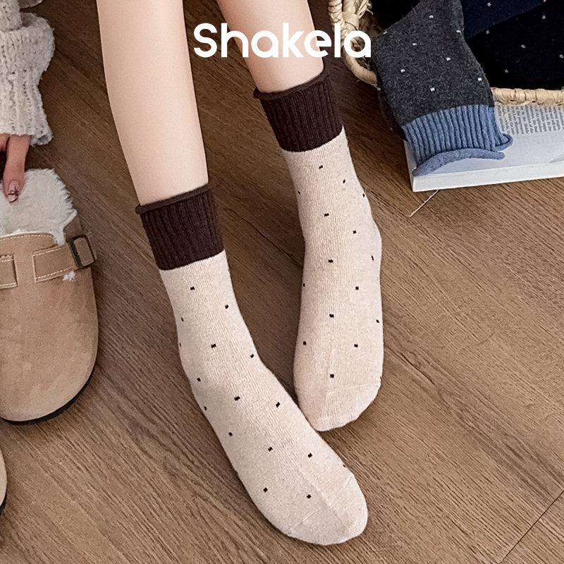 Autumn and Winter New Color-Blocking Socks for Women with Polka Dot Lace Trendy Ins Versatile Warm Wool Slouch Socks for Women Mid-Calf Autumn