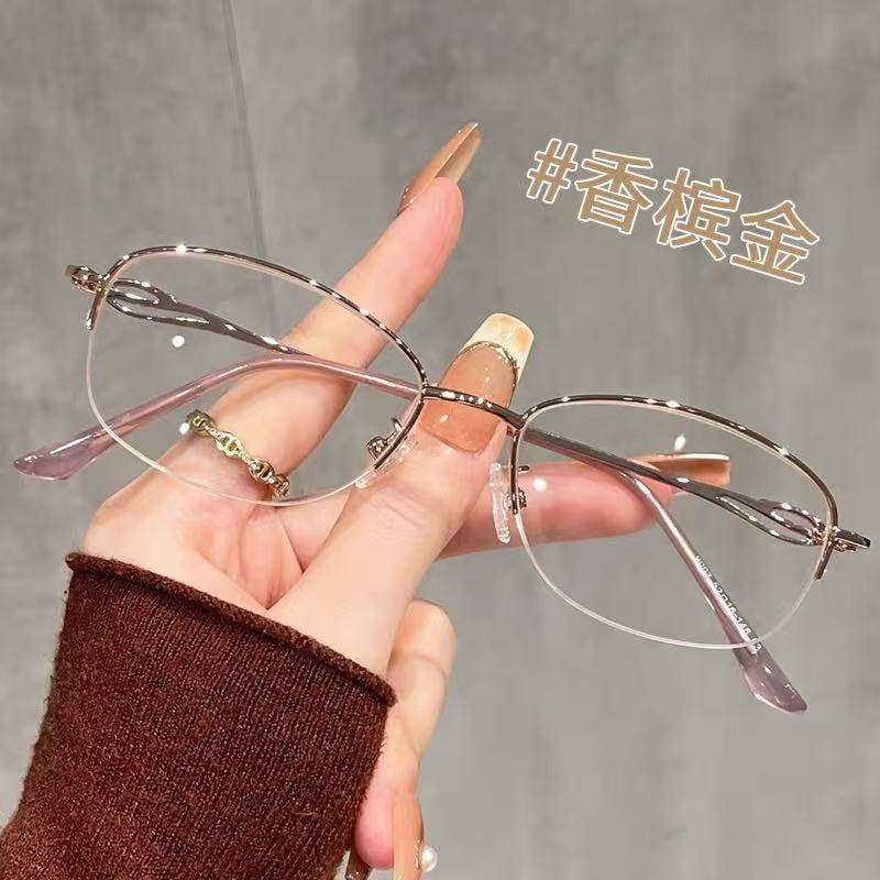 New Women's Half-Frame Oval Glasses Frame Wholesale Diamond-Encrusted Craft Legs Ip Electroplated Business Myopia Frame Genuine