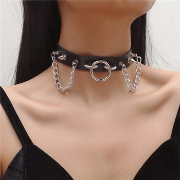 European and American cross-border punk style leather collar O-ring rivet chain PU leather collar necklace clavicle chain