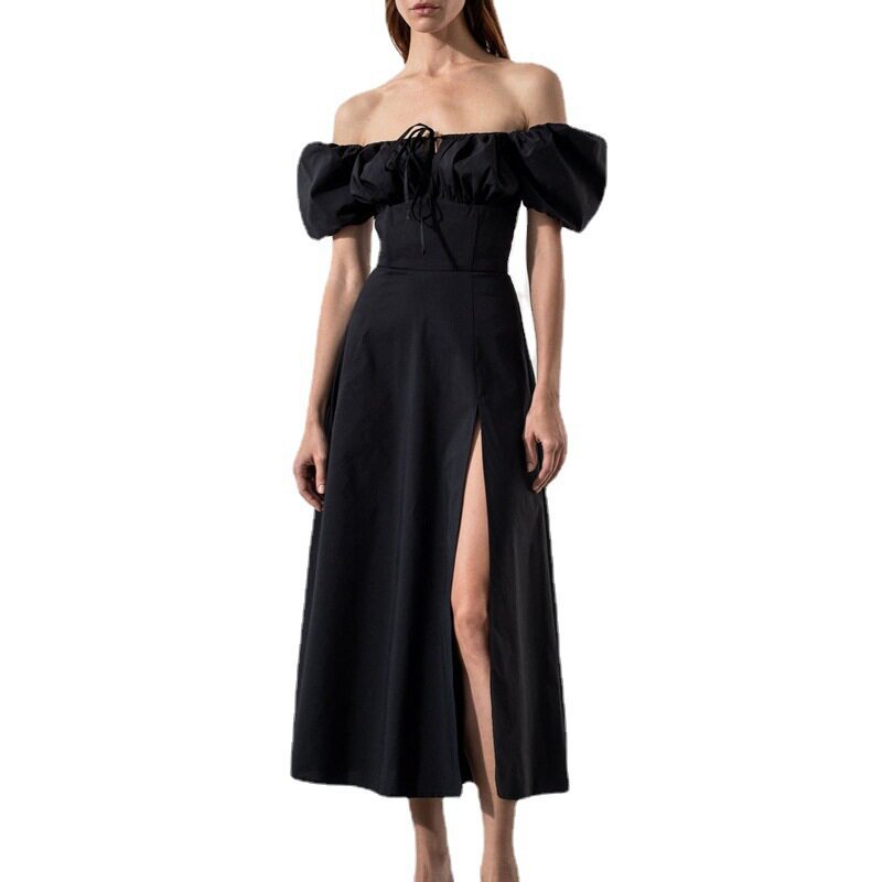 High Waist Solid Color Dress Puff Sleeve Split Hem Vacation Style Spring Collection Wholesale Available