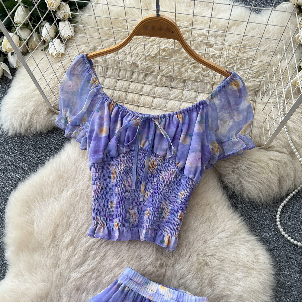French Floral Two Piece Set Soft Fabric Waist Tie Top Mesh Cake Skirt Summer Casual Wear Wholesale Available