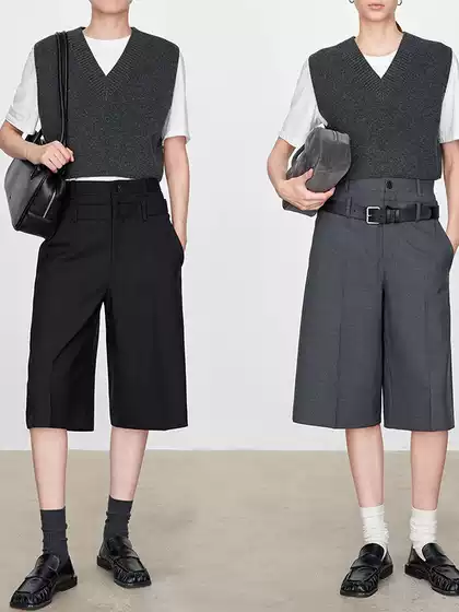 Row Wide-Leg Pants for Women, Spring and Autumn New Style, Fine Wool Slimming Straight Mid-Length Pants, Double Waistband Shorts, Casual Stylish Pants