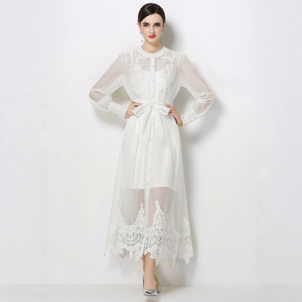 Korean Style Embroidered Hollow Out Dress Long Sleeve Waist Defining Slim Fit Yellow Summer Office Wear Wholesale