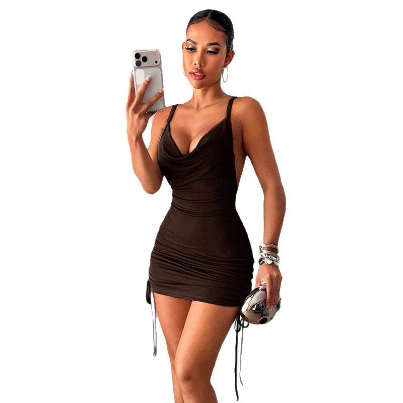 Summer Womens Dress Solid Color Ruffled Neckline Open Back Bodycon Fit Casual Party Wear OEM Available