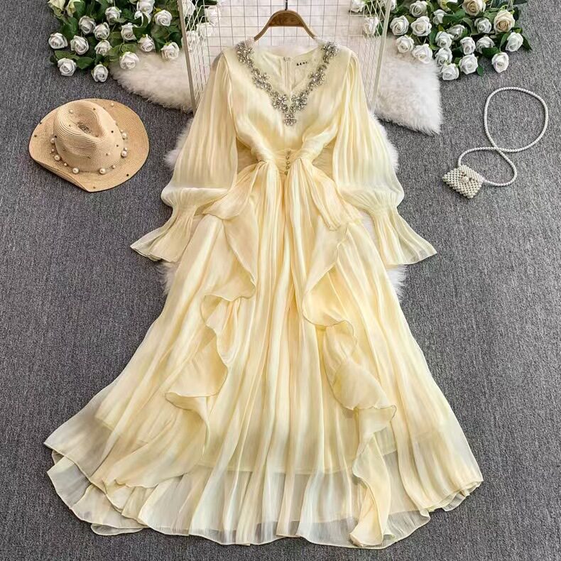 Elegant French Style Long Dress for Women Embroidered Beaded V Neck Waist Cinching Regal Design Perfect for Formal