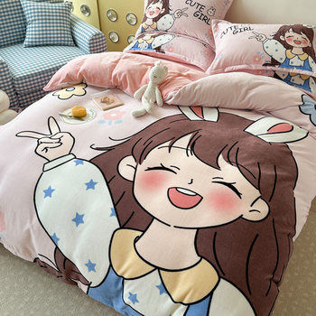 Cartoon Milk Velvet Four-Piece Set Thickened Double-Sided Velvet Children's Student Three-Piece Set Baby Velvet Quilt Cover Bed Sheet Set