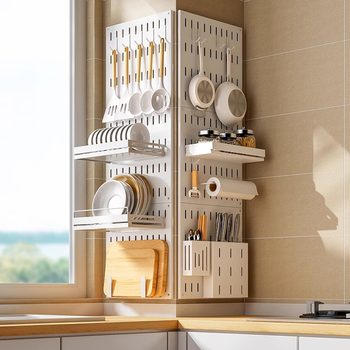 No-Drill Kitchen Pegboard Storage Rack Spice Rack Knife Holder Pot Lid Rack Hook Wall-Mounted Storage Metal Accessories