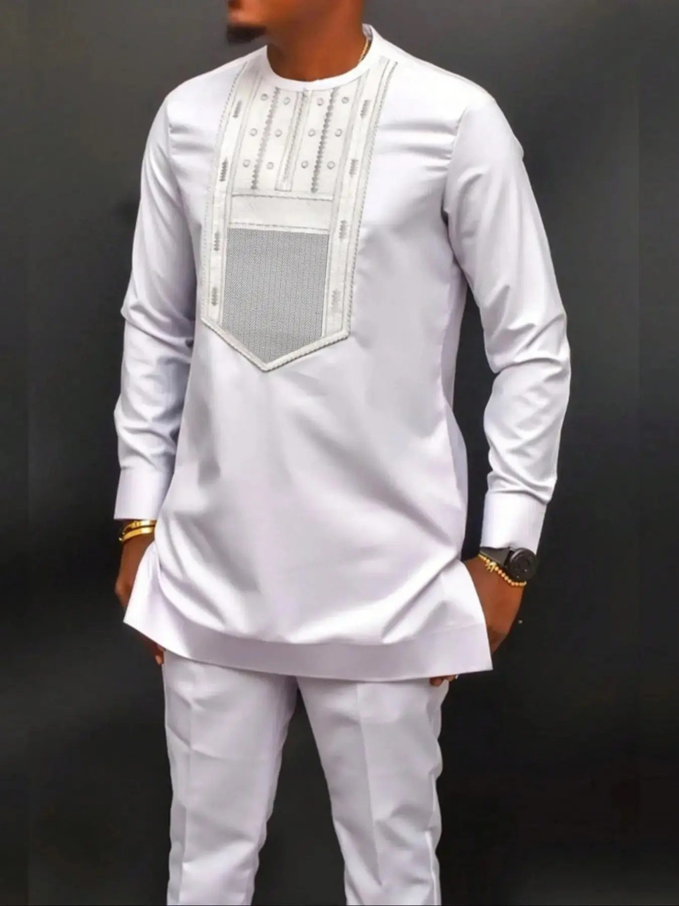 2023非洲民族风男士休闲套装2件套长袖纯色拼接衬衫和裤子套装