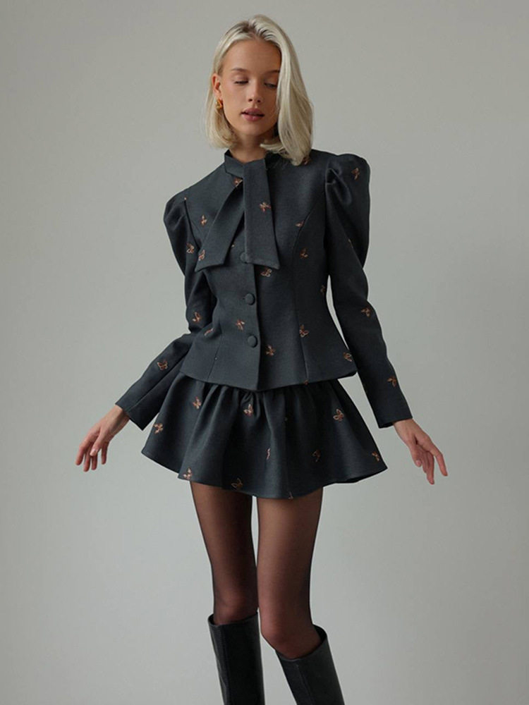 European and American Cross-Border 2025 Summer and Autumn Style Suit Embroidered Waist Long-Sleeved Jacket Short Skirt Suit Two-Piece Set