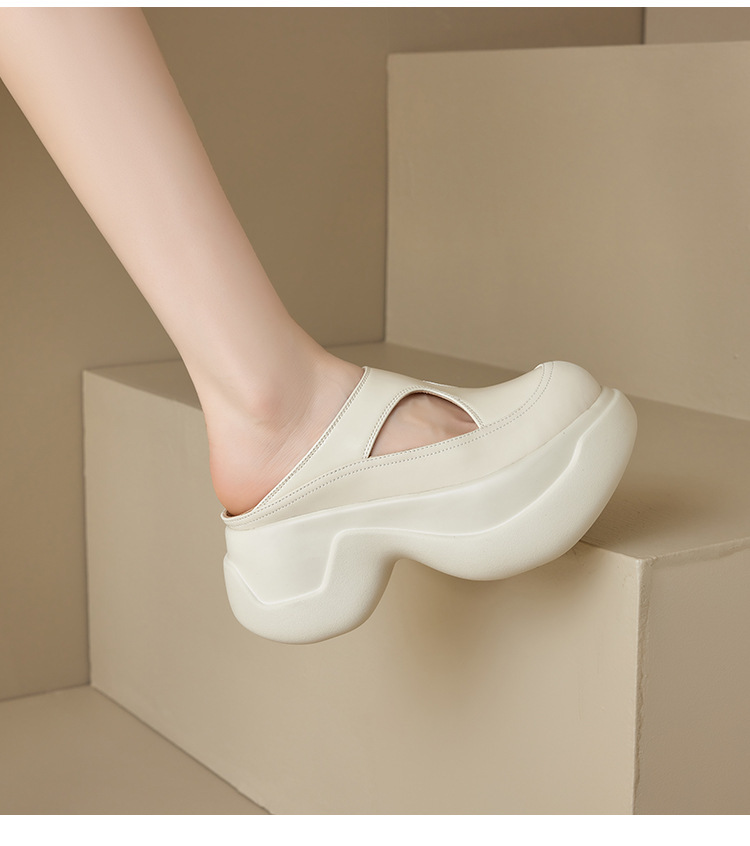 Sandal nữ bít mũi da bò đục lỗ đế xuồng tăng chiều cao — Màu bạc, Màu đen, Màu trắng be
