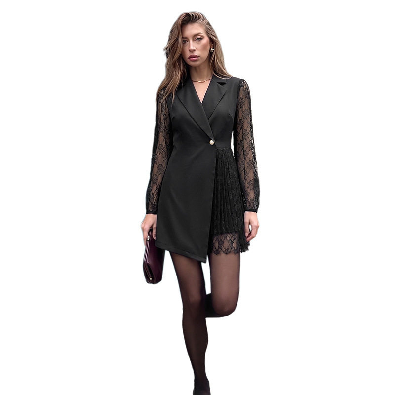 Elegant Black Lace Panel Suit Dress Chic Design Sophisticated Style Perfect for Parties Wholesale Available