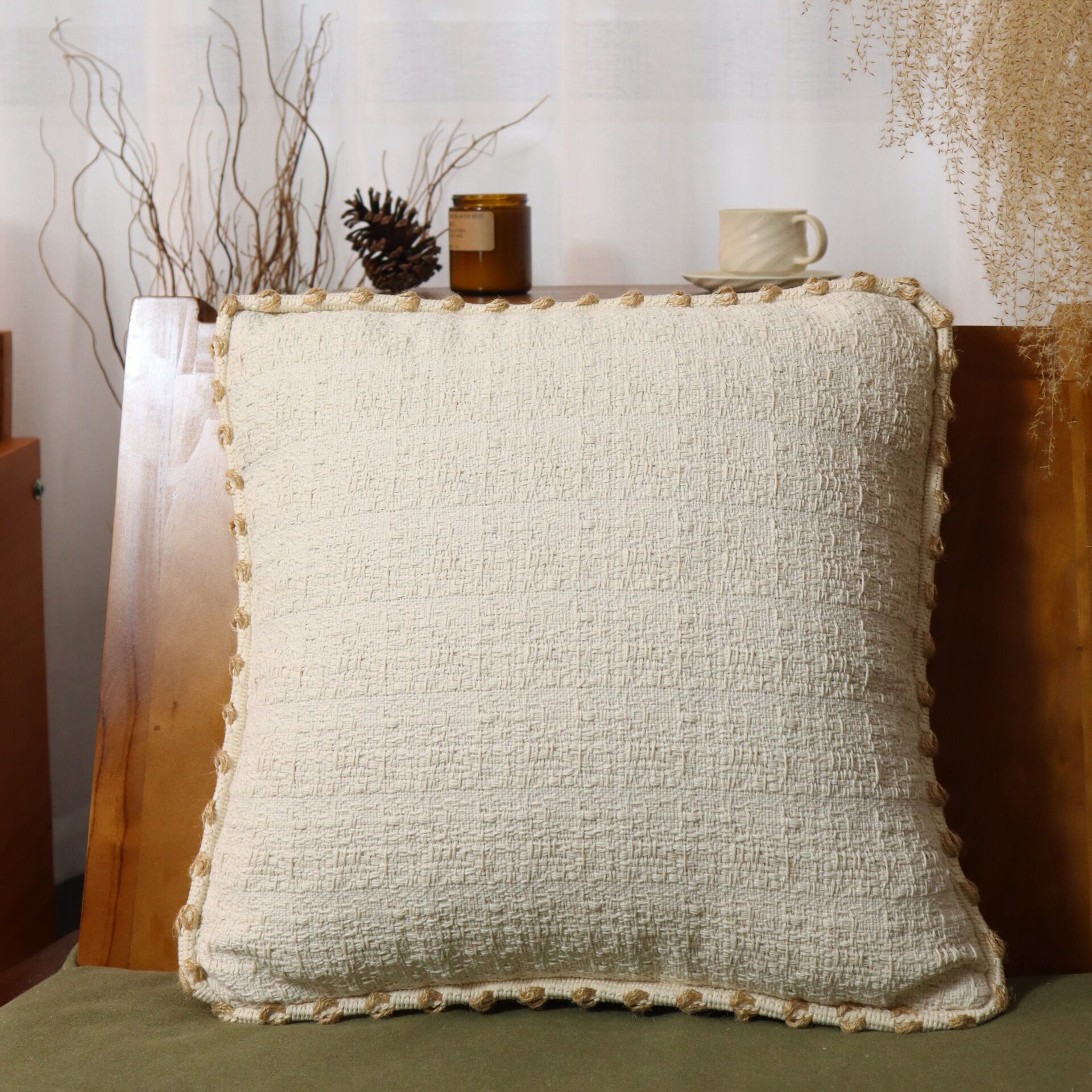 Simple Ins Style Forest Color Cut Flower Woven Pillow Living Room Bedroom Pillow Case Tassel Lace Cushion