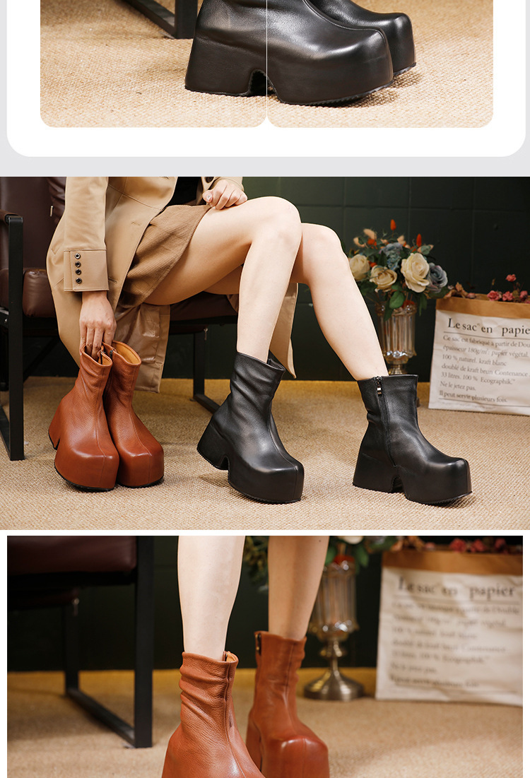 Boot nữ da bò thật cổ thấp đế dày tăng chiều cao phong cách cổ điển — màu đen, màu nâu