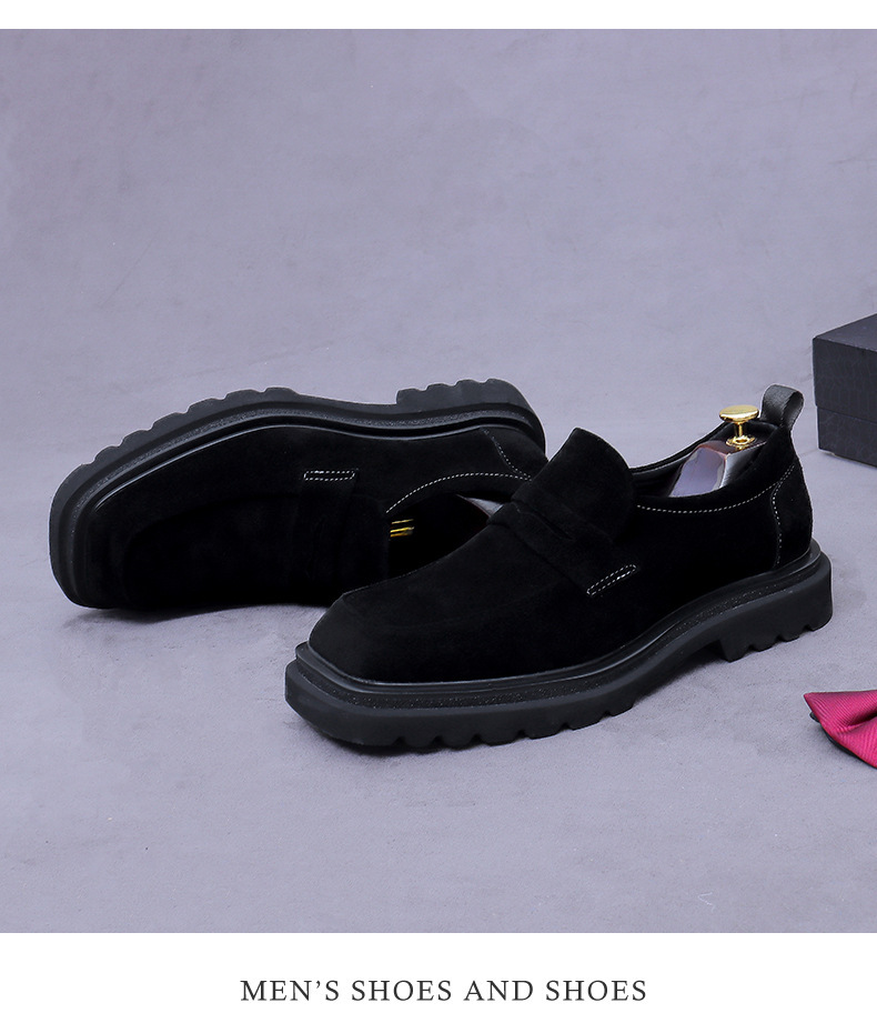 Giày loafer nam da bò lộn đế dày mũi vuông phong cách công sở — đen, màu nâu mocha