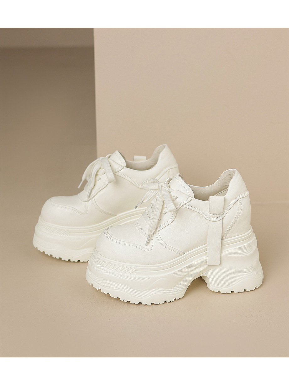 Giày sneaker nữ da bò thật đế dày tăng chiều cao 12cm dáng dad shoes buộc dây — Màu đen, Màu trắng