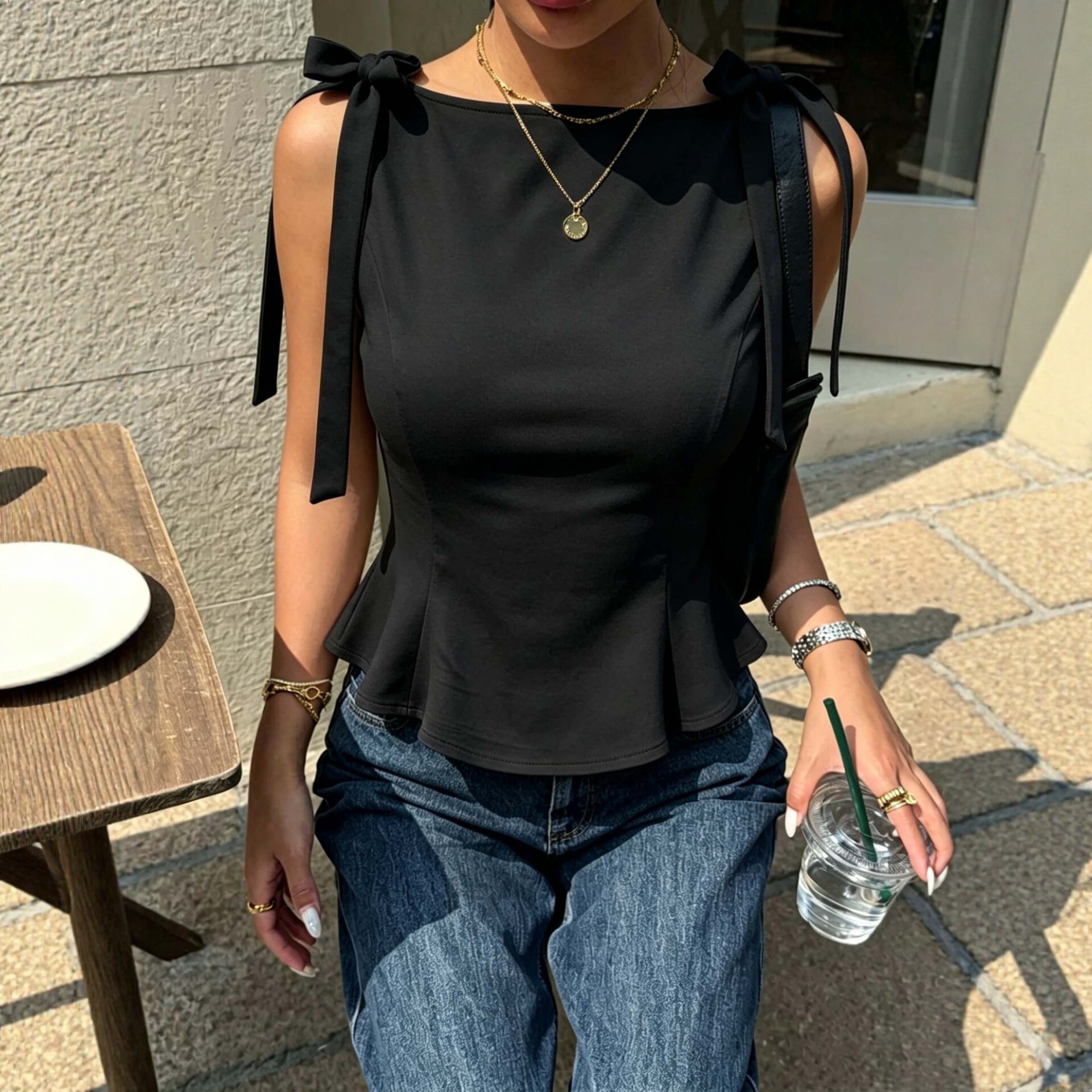 Sleeveless Blouse Bow Tie Waist Ruffled Hem Slim Fit Summer Casual Wear for Women Wholesale Available