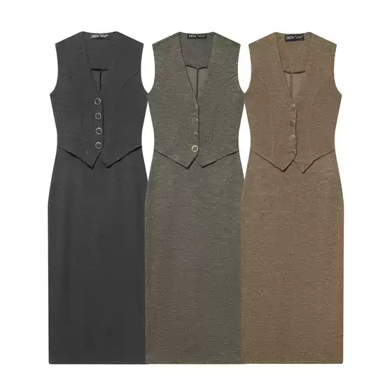 Pb&Za Women's 2025 Winter New Casual Deep V Neck Sleeveless Button-Decorated Midi Dress 3644188