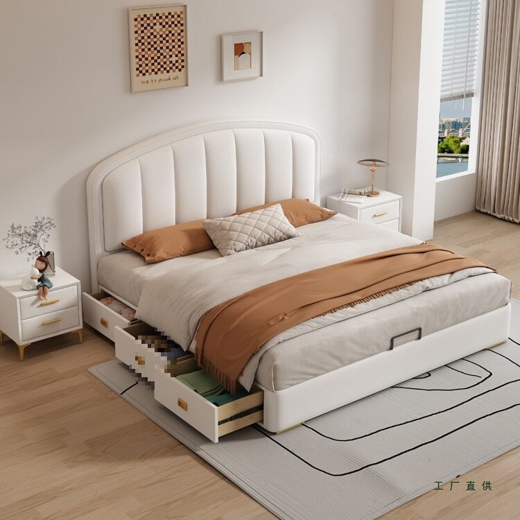 Cream-Style Genuine Leather Bed, Light Luxury Master Bedroom, 1.8m Double Storage Bed, Modern Simple Small Apartment, 1.5m Solid Wood Wedding Bed