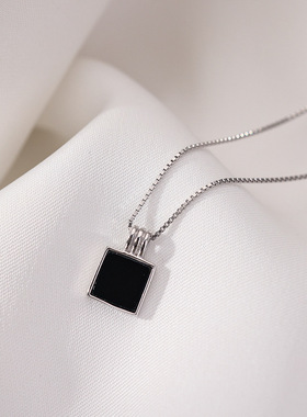 轻奢方牌黑色锁骨链925银女